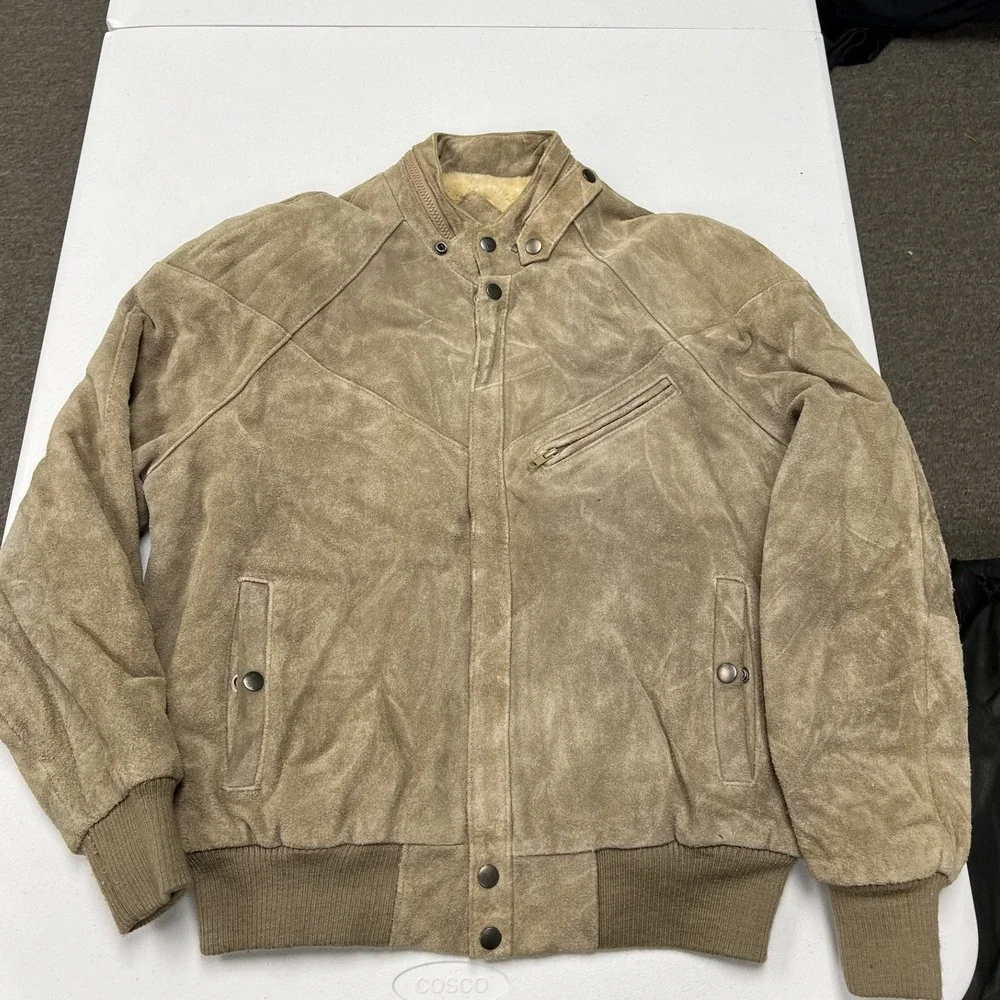 Windbreaker Suede Bomber Jacket Mens L Tan Faux Fur Lined Cafe Racer Vintage
